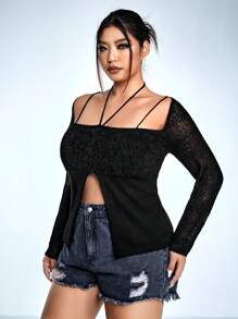 SHEIN ICON Plus Split Hem Halter Neck Asymmetrical Hem Crop Sweater