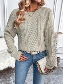 SHEIN LUNE Cable Knit Drop Shoulder Sweater Knit Pullover Fall Winter Outfit - Khaki - View 1