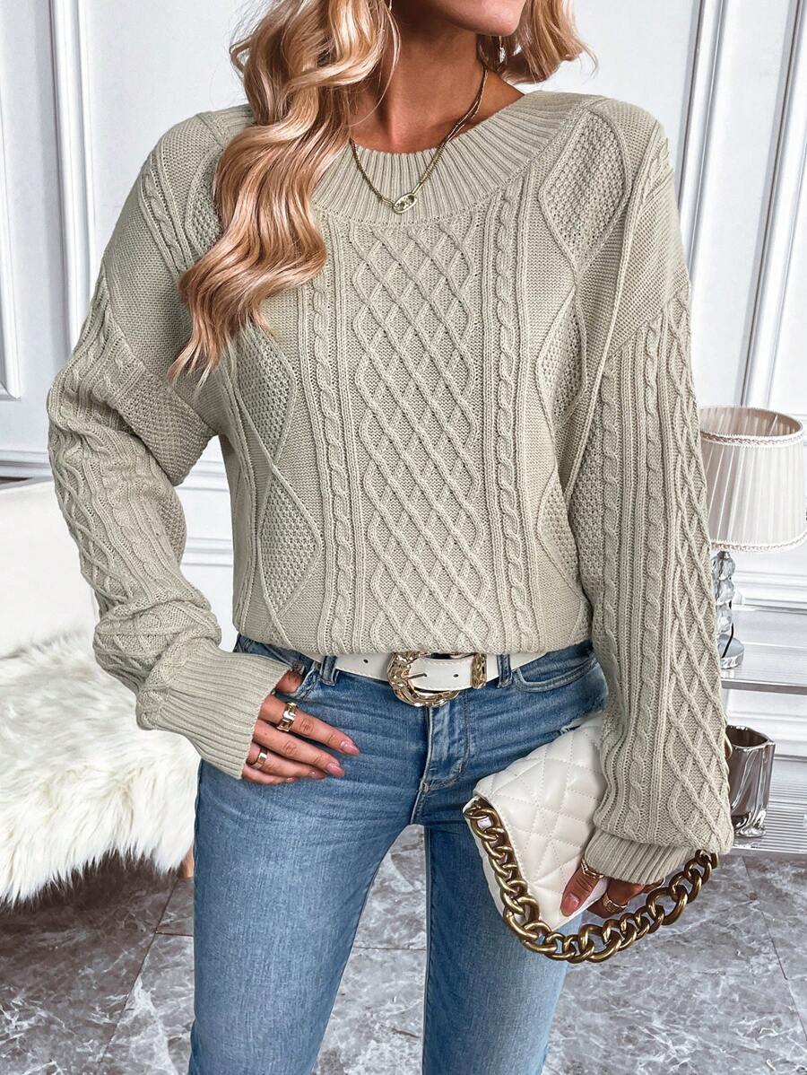 SHEIN LUNE Cable Knit Drop Shoulder Sweater Knit Pullover Fall Winter Outfit - Khaki - View 1