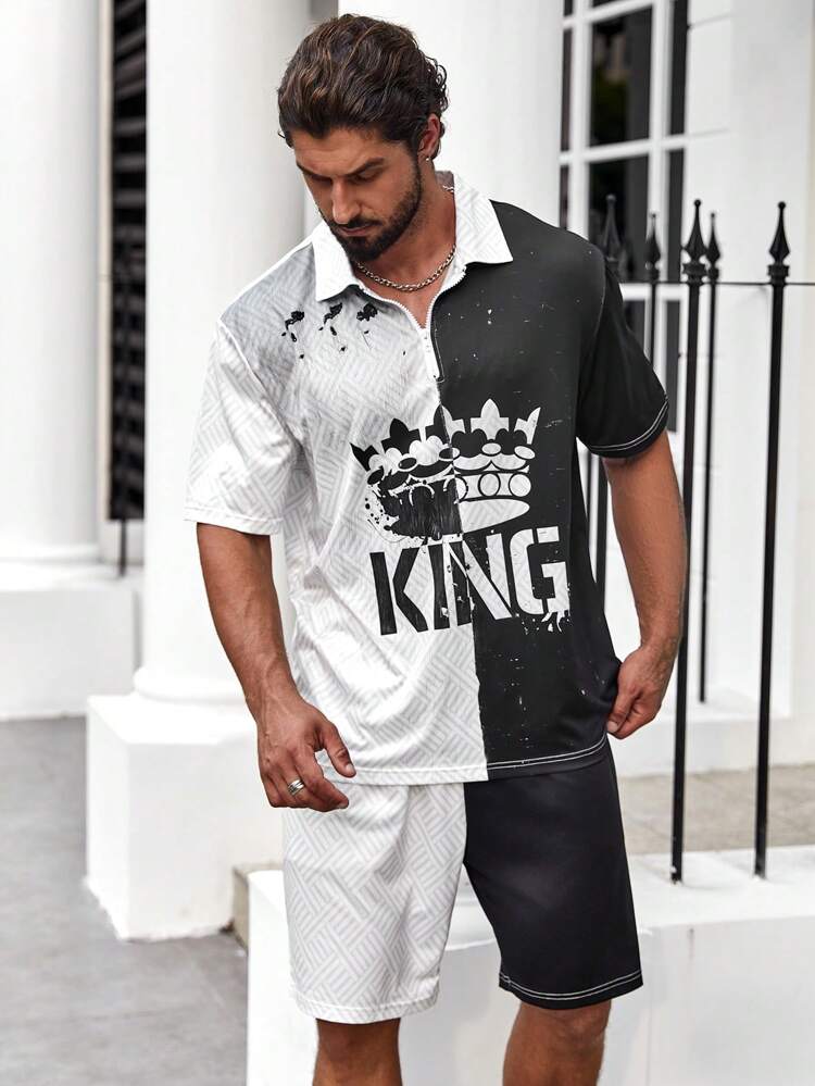 Men Plus Letter Graphic Two Tone Polo Shirt & Shorts
