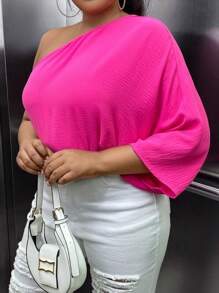 Celure Plus One Shoulder Batwing Sleeve Blouse - Hot Pink - View 5