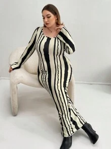 SHEIN Essnce Plus Striped Print Bodycon Dress - Black - View 5