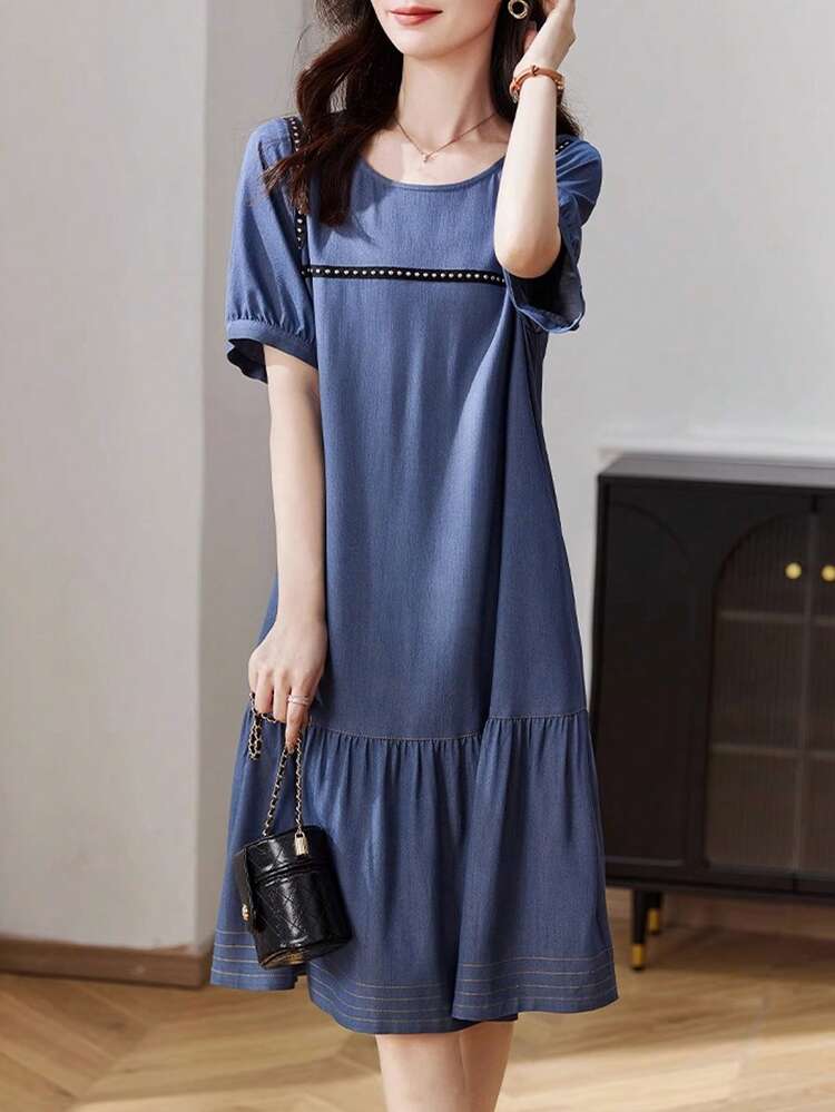 Vestido smock de rayas bajo con fruncido - Azul - Ver 3
