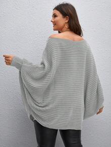 Calvaya Plus Off Shoulder Batwing Sleeve Ribbed Knit Poncho - Light Grey - View 2