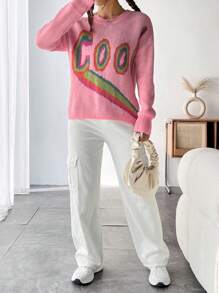 Flirla Suéter de punto con caída de hombros y estampado de letras para otoño e invierno - Rosa - Ver 5