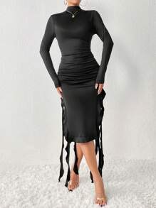 SHEIN Privé Cổ giả Xù Tách đùi Đầm - màu đen - Xem 3