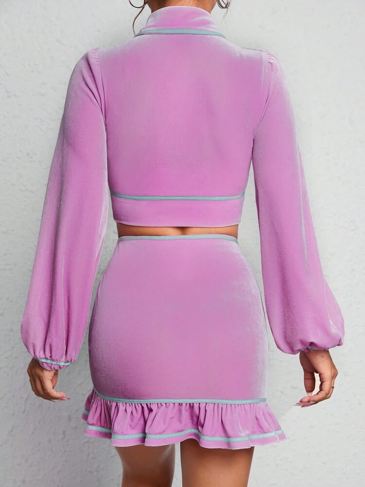 Lantern Sleeve Crop Jacket & Ruffle Hem Skirt