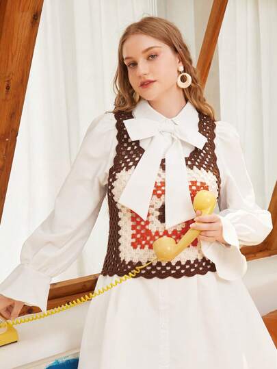 SHEIN MOD 大碼1入組撞色鏤空針織上衣