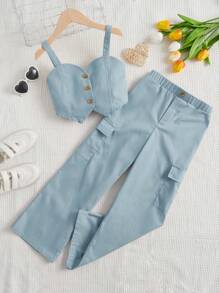 SHEIN Leap Crew Tween Girl Button Front Cami Top & Flap Pocket Side Pants - Dusty Blue - View 1