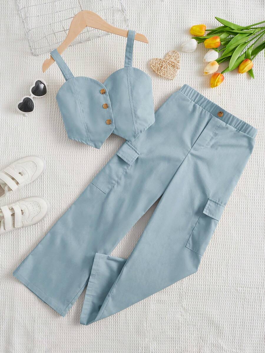 SHEIN Leap Crew Tween Girl Button Front Cami Top & Flap Pocket Side Pants - Dusty Blue - View 1