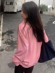 DAZY Đồ họa Chữ cái Một nửa khóa kéo Thả vai Áo chui đầu Oversized - Hồng - Xem 10