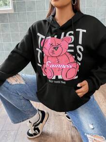 Flirla Áo nỉ cỡ lớn in hình gấu và khẩu hiệu, có túi kangaroo, vai rớt và dây rút. - màu đen - Xem 1