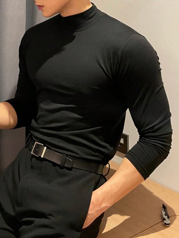 DAZY Camiseta de cuello alto de hombre de color sólido, camisa de manga larga de hombre para otoño