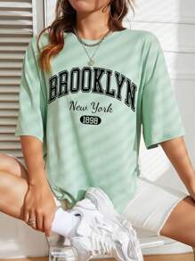 INAWLY Letter Graphic Drop Shoulder Tee Graphic Tees Women Tops