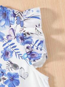 SHEIN Young Girl Floral Print Ruffle Trim Top & Paperbag Waist Belted Pants - Multicolor - View 5