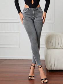 SHEIN Essnce Zipper Fly Skinny Jeans - Light Grey - View 5