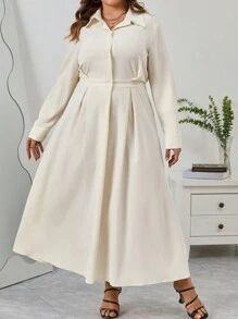 SHEIN Privé Plus Fold Pleated Detail Shirt Dress - White - View 3