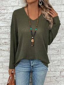 EMERY ROSE Women's Solid V-Neck Drop Shoulder Long Sleeve Loose Casual T-Shirt, Spring & Summer Tops With Sleeves Fall Women Clothes - Army Green - View 1