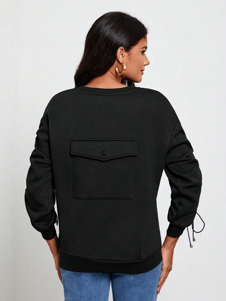Designer Letter Graphic Drawstring Side Drop Shoulder Sweatshirt, For Holiday, Vacation, Spring, Festival, Workout, Ibiza Fits