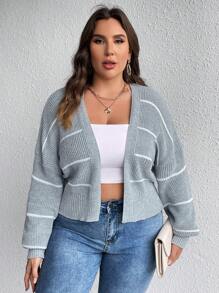 SHEIN LUNE Hơn Mẫu sọc Thả vai Áo len Duster - Xám - Xem 4