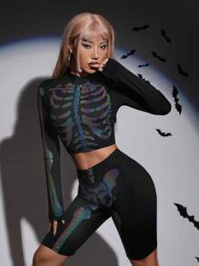 SHEIN ICON Halloween Reflective Skeleton Print Top & Biker Shorts, Neon Glow Party Outfit - Black - View 8