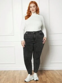 SHEIN CURVE+ 大碼高腰緊身牛仔褲 - 灰色 - 查看 3