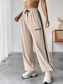 SHEIN Unity Đường may bên cạnh tương phản Eo dây rút quần ống rộng Quần thể thao - Màu Khaki - Xem 5