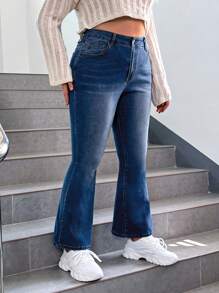 SHEIN EZwear 大碼高腰牛仔喇叭褲 - 中等水洗藍 - 查看 4