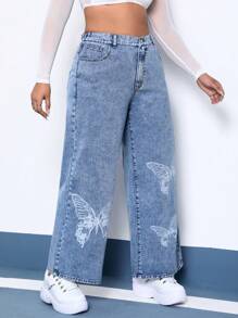 SHEIN EZwear Plus Butterfly Print Wide Leg Jeans - Light Wash - View 5