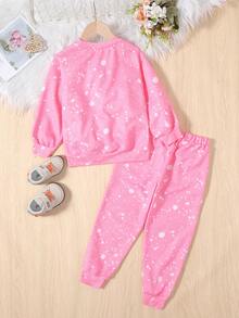SHEIN Young Girl Figure Graphic Sweatshirt & Sweatpants - Pink - View 2