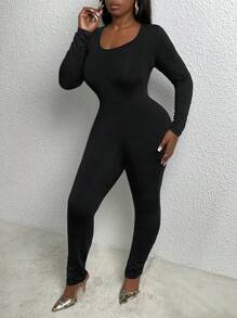 Slaydiva Plus Size Basic Black Elastic Knit Jumpsuit With Deep V-Neck, Casual Slim Fit - Black - View 3