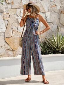 SHEIN VCAY 幾何印花前打結吊帶連體褲