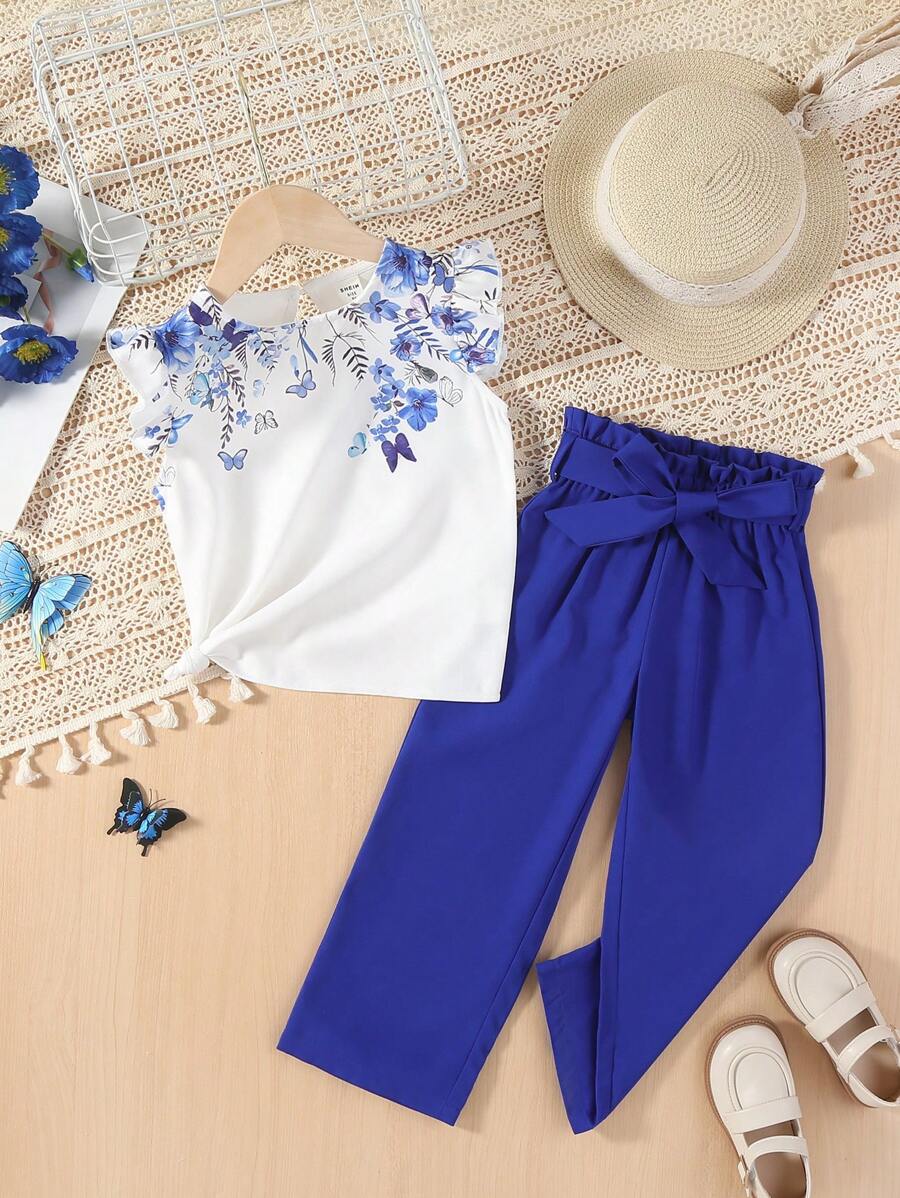 SHEIN Young Girl Floral Print Ruffle Trim Top & Paperbag Waist Belted Pants - Multicolor - View 1