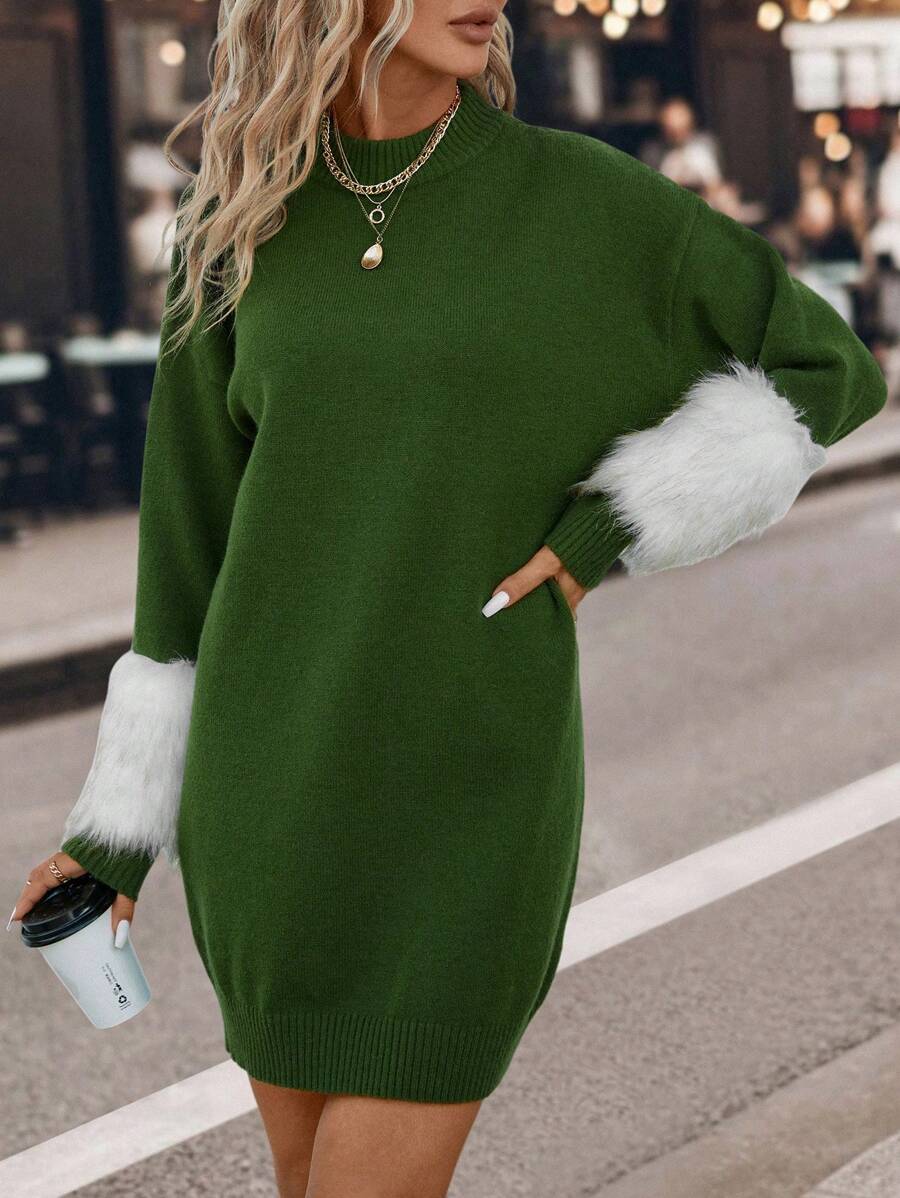 SHEIN LUNE Fuzzy Cổ tay áo Thả vai 	
Fuzzy Cổ tay áo Đầm Áo len - màu xanh lá - Xem 1