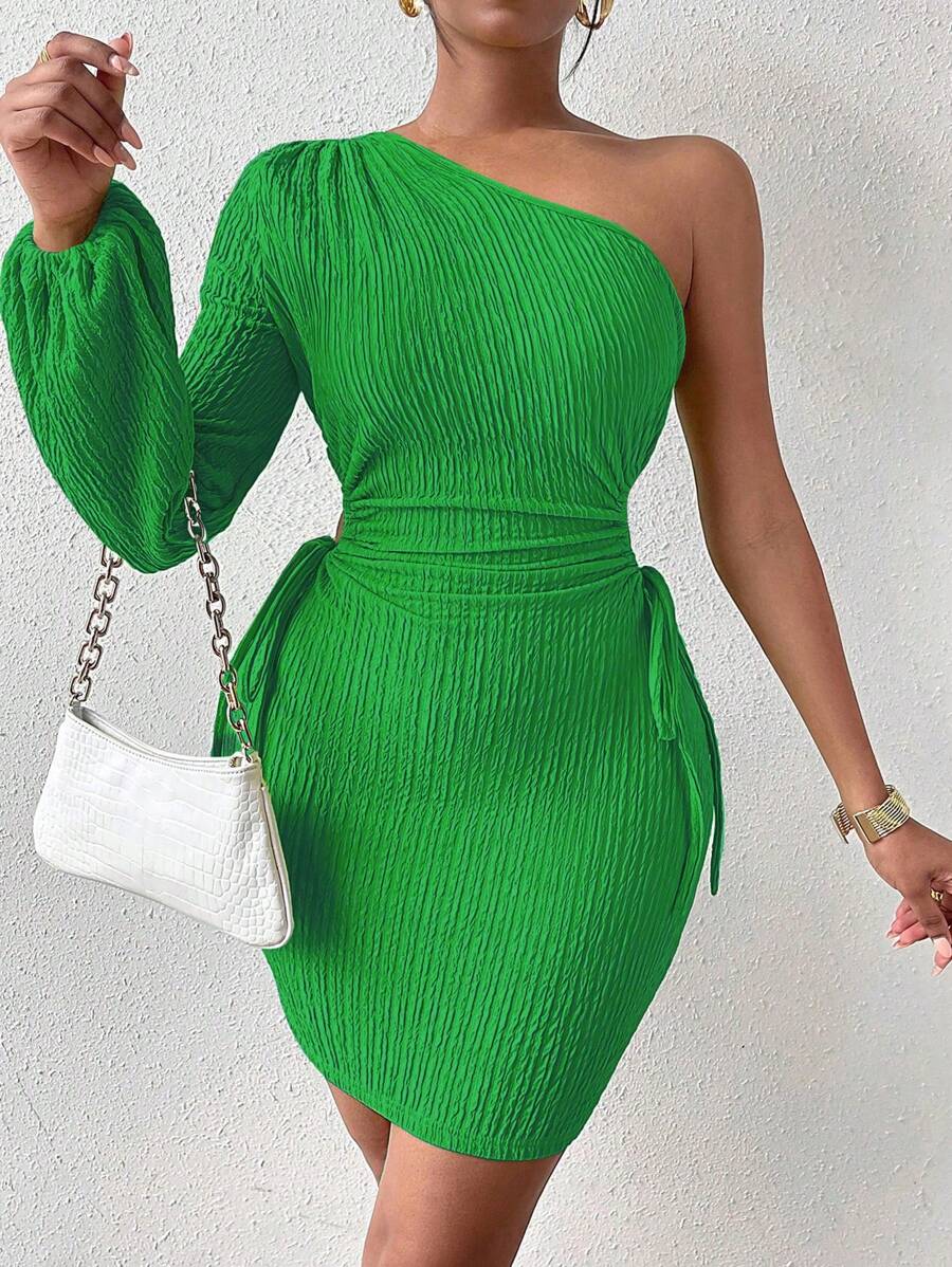 Chiquease Một bờ vai Bên dây rút Váy bodycon - màu xanh lá - Xem 1