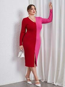 SHEIN Privé Talla grande Vestido ajustado de dos tonos con botón delantero - Multicolor - Ver 3