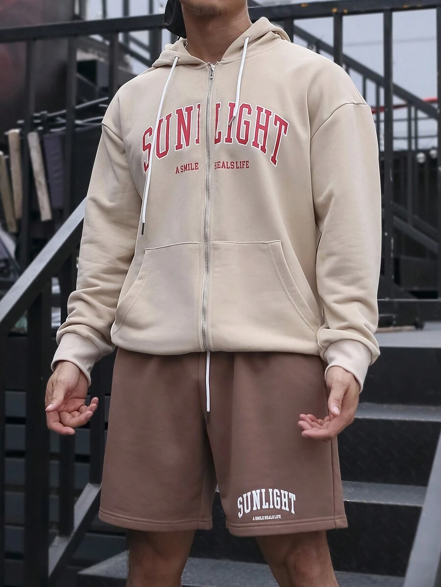 Manfinity Homme Men Letter Graphic Zip Up Drop Shoulder Drawstring Hoodie & Shorts - Multicolor - View 1