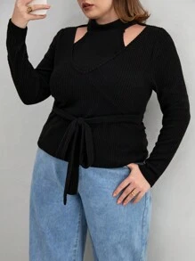 SHEIN Essnce Cộng với áo thun có thắt lưng cắt ra - màu đen - Xem 5