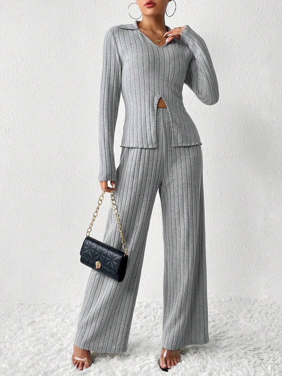 SHEIN Essnce Viền chia cắt Áo thun & Quần ống rộng - Xám - Xem 1