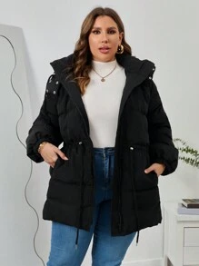 SHEIN Essnce Plus Drawstring Waist Zip Up Snap Button Hooded Padded Coat - Black - View 3