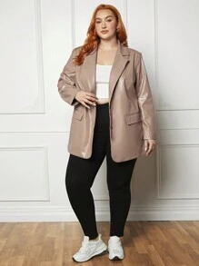 SHEIN CURVE+ Plus Lapel Neck PU Leather Blazer - Yellow - View 5