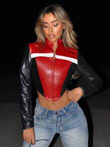 SHEIN ICON Colorblock Zip Up Crop PU Leather Bikercore Y2k Jacket,Ladies Spring/Fall Party Asymmetrical,Zipper Regular Sleeve Funnel Neck Regular Fit Multicolor Colorblock Women Jackets,Outdoor Activities - Multicolor - View 4