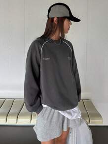 DAZY 字母图案撞色滚边插肩袖运动衫，秋季女装 - 灰色 - 查看 5