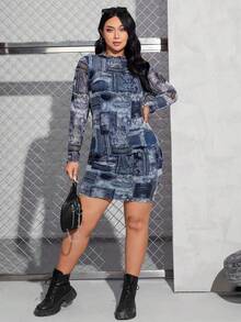 SHEIN EZwear 大碼色塊拼接圖案小高領緊身洋裝 - 彩色 - 查看 3