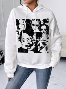 SHEIN EZwear 人像圖案落肩袖連帽衫 - 白色 - 查看 4