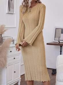SHEIN Unity Không lưng Ren Mộc nhĩ Đầm Áo len - Màu Khaki - Xem 3