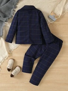 SHEIN 青年男孩紳士兩件式商務格子西裝-上衣+褲子,優雅正式家居穿著,適用於生日派對、晚間秀、婚禮、洗禮和宴會