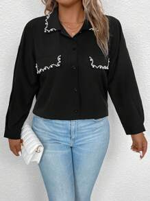 SHEIN Clasi Plus Pearls Beaded Drop Shoulder Shirt - Black - View 5