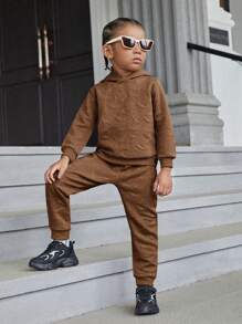 SHEIN Young Boy Dinosaur Embossed Hoodie - Brown - View 1