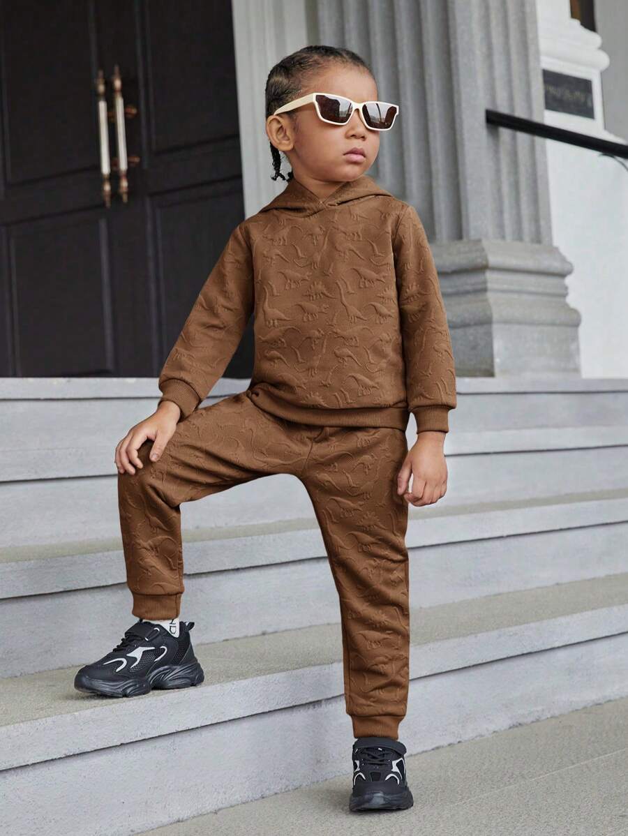SHEIN Young Boy Dinosaur Embossed Hoodie - Brown - View 1